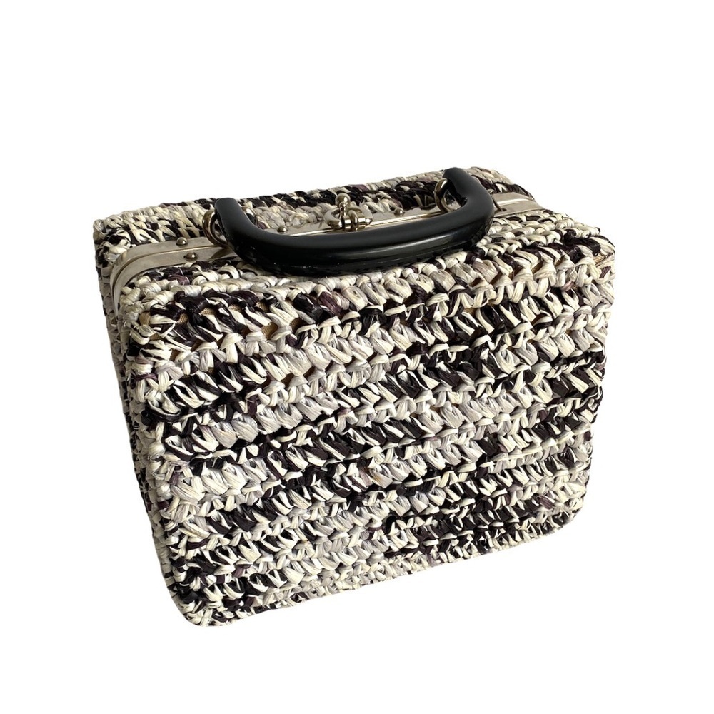 Vintage 50s Box Bag Woven Raffia Straw Purse Gray Black Cottagecore Lunchbox
